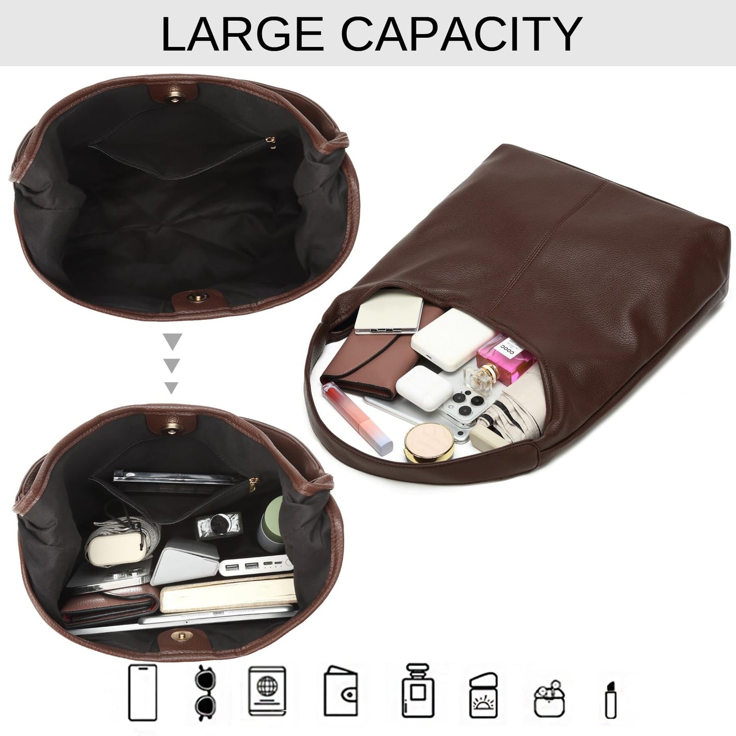 Casual Hobo Bag for Women Soft Shoulder Bags Slouchy Pu Leather Tote Purses for Work Travel