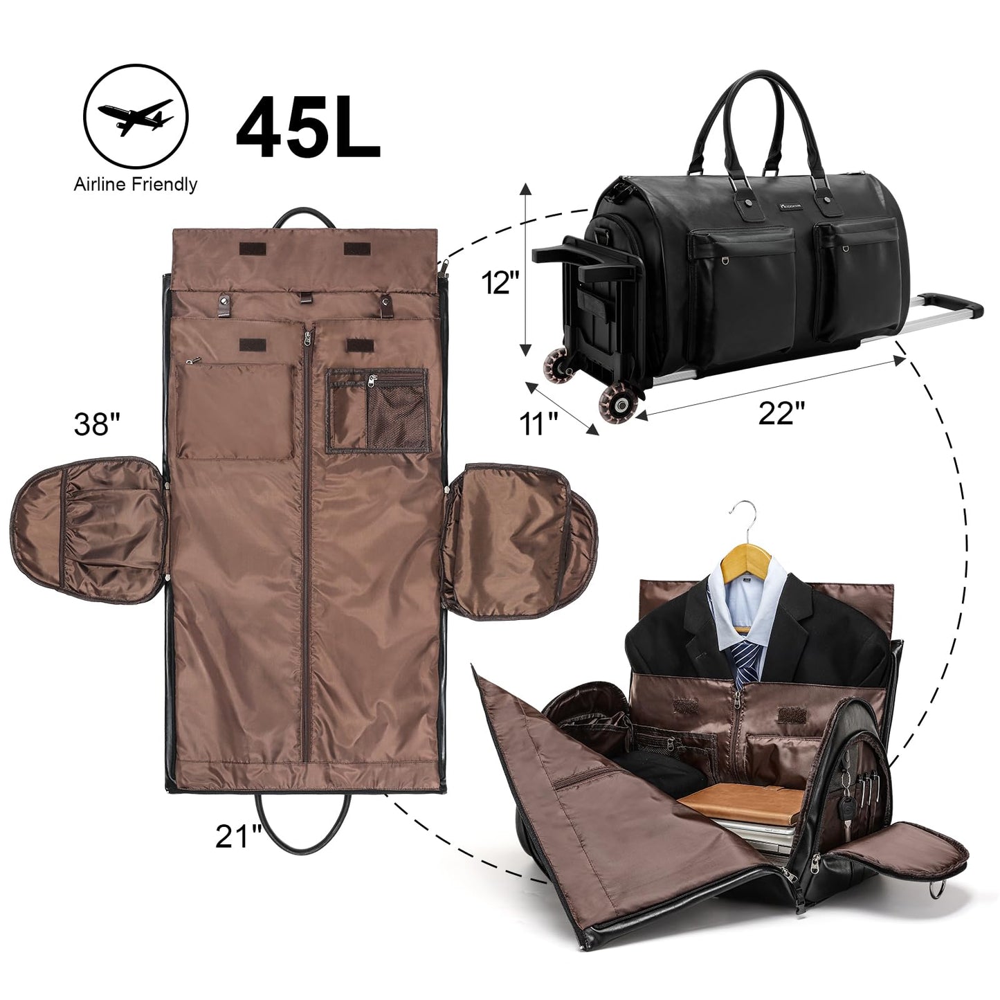 Modoker Rolling Garment Bag for Travel Wheeled Duffel Bag Luggage Suit Travel Bags for Men and Women,3 in 1 Carry on Convertible Garment Bag with Wheels,Black
