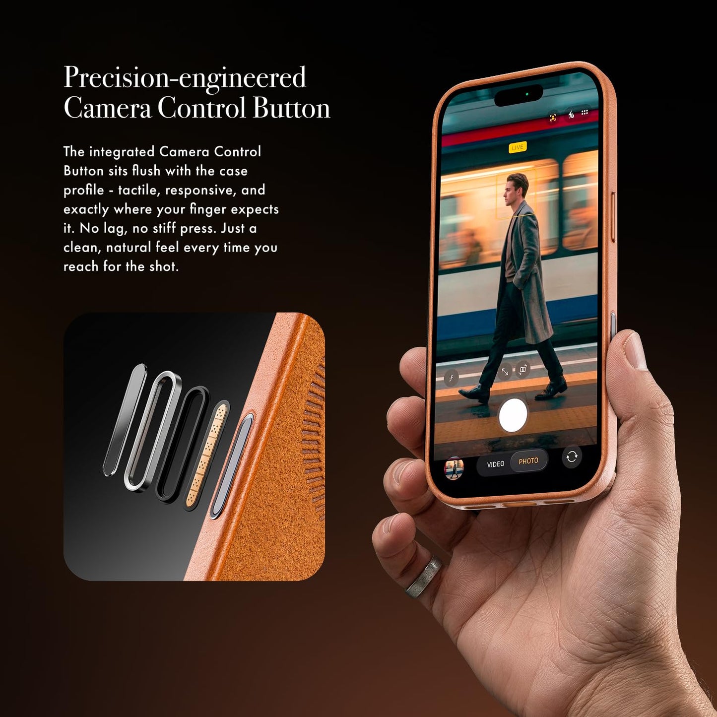 Casebelle Handcrafted Vegetable-Tanned Slim Leather Case for iPhone 16 Pro - [Built-in Camera Control] - Compatible with MagSafe - Raised Bezels, Natural Patina Over Time - Amber Brown