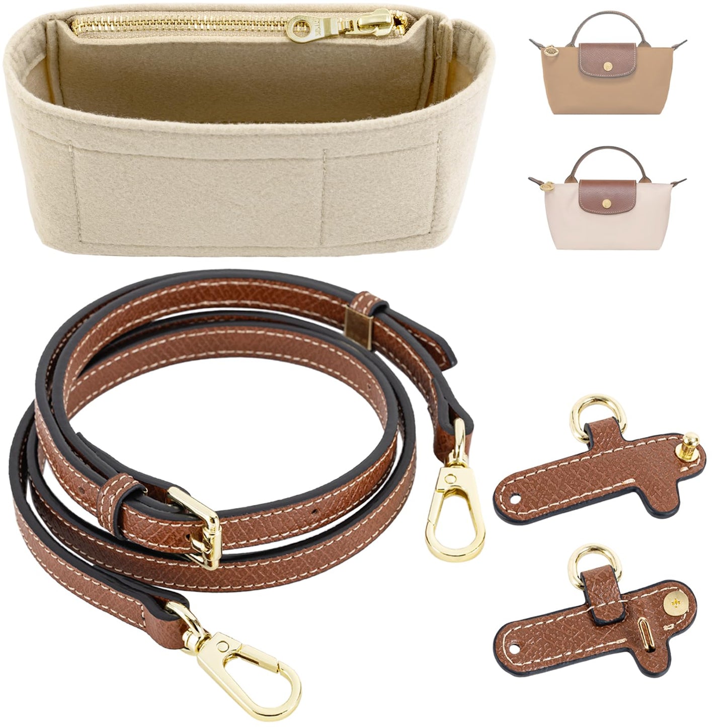 ATSEKTZ Purse Organizer Insert & Leather Strap Conversion Kit Set, Compatible with Longchamp Le Pliage Mini Bag – Felt Inner Liner & Adjustable Shoulder Strap, Beige