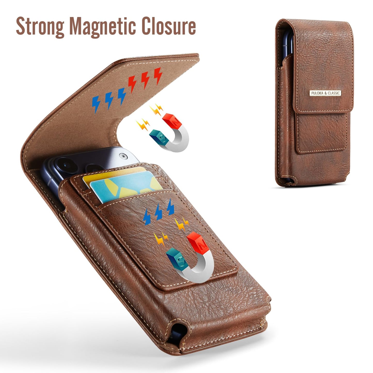 Phone Holster with Belt Clip for iPhone 17/16/15/14/13/12 Pro Max & Plus, Galaxy S26/S25/S24/S23 Ultra & Plus, Premium Leather Pouch with Card Holder, Magnetic Closure, Rugged Outdoor Case - L Brown