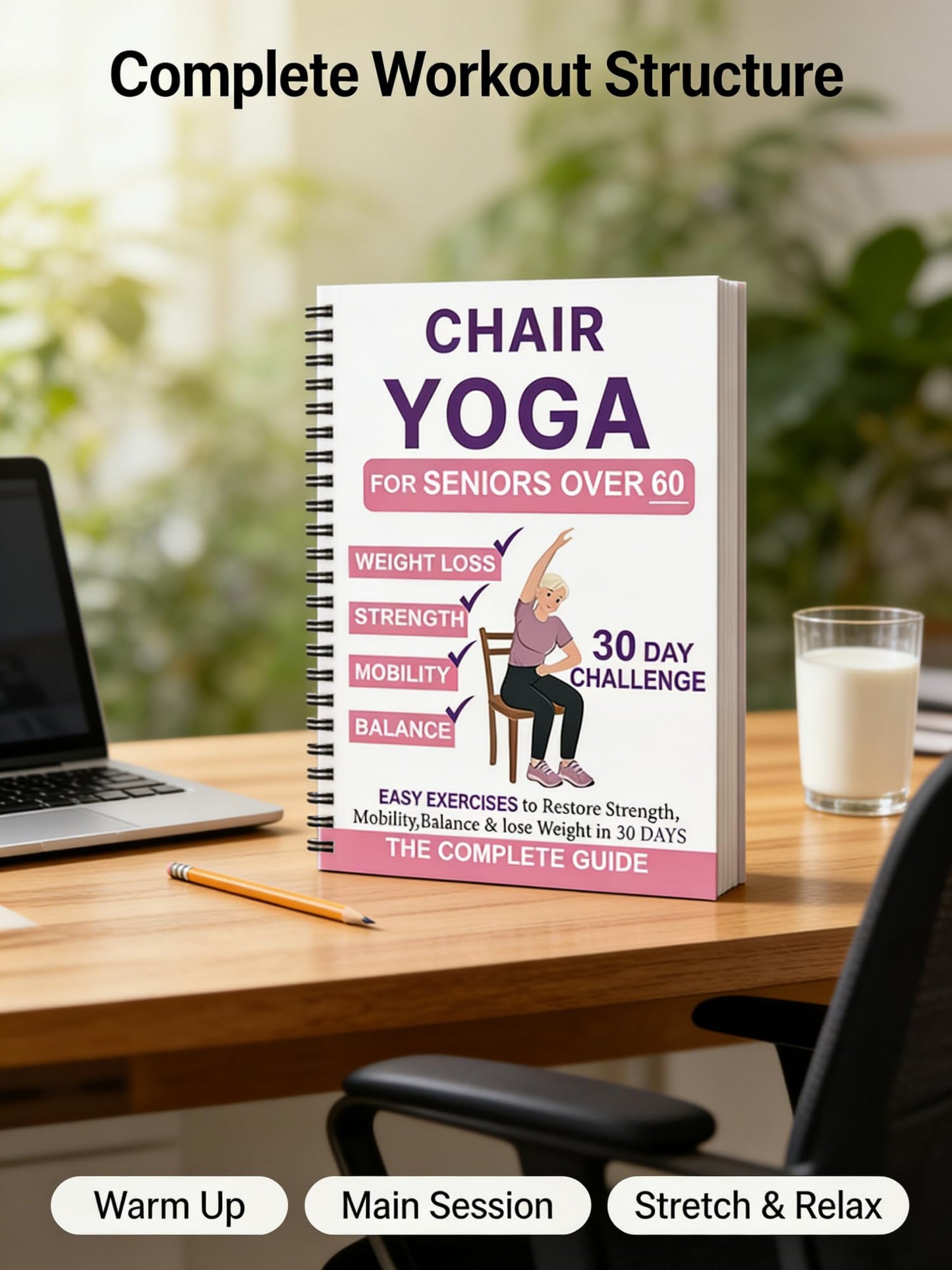 Chair Yoga Book for Seniors, Pink and White Cover Exercise Chart with Gentle Poses, Chair Workouts for Weight Loss and Balance for Elderly Beginners
