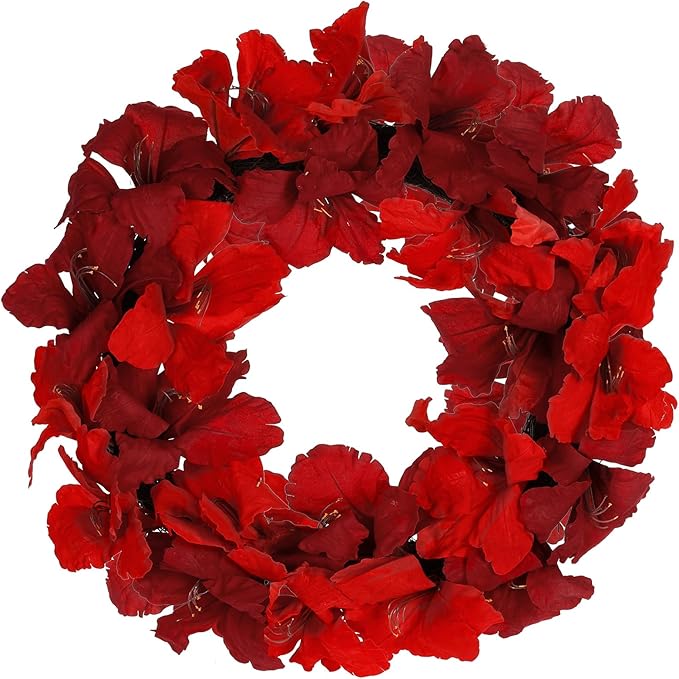 Christmas Wreath, 22-24 Inch Red Amaryllis Floral Wreath for Front Door, Winter Wreath Indoor Outdoor Holiday Decorations for Christmas Winter-unlit