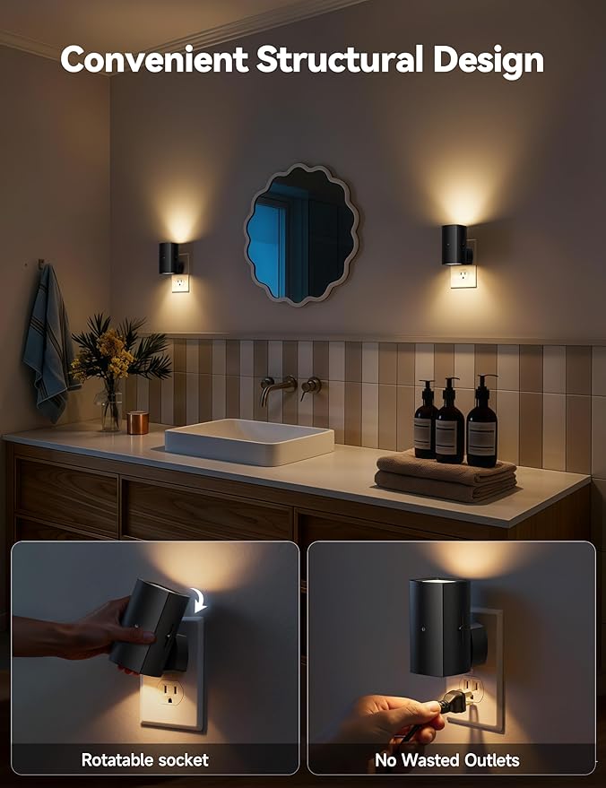 Brightown 2 Pack Night Lights Plug into Wall, Modern Night Light with Rotating Plug, Dusk to Dawn Sensor, 0-100LM Stepless Dimming Aora Night Light for Hallway Bedroom Bathroom, Soft White