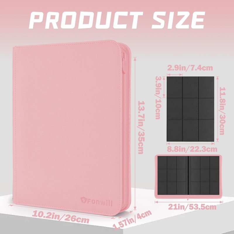 9 Pocket Card Binder, Premium Zip Trading Card Binder, 360 Double Sided Pocket PU Collection Binder, Collector Album, Card Folder for MTG, TCG, Sports Cards, (Pink)