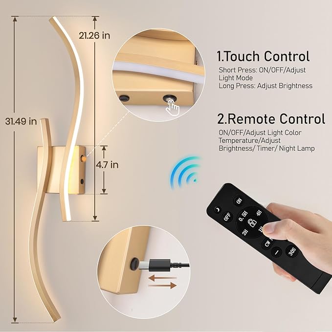 CANEOE Battery Operated Wall Sconces with Remote Control,10000mAh USB Rechargeable Gold Wall Light,3000K-6000K LED Wireless Wall Lamp for Bedroom,Hallway,Background Wall,31.5inch,1 Pack
