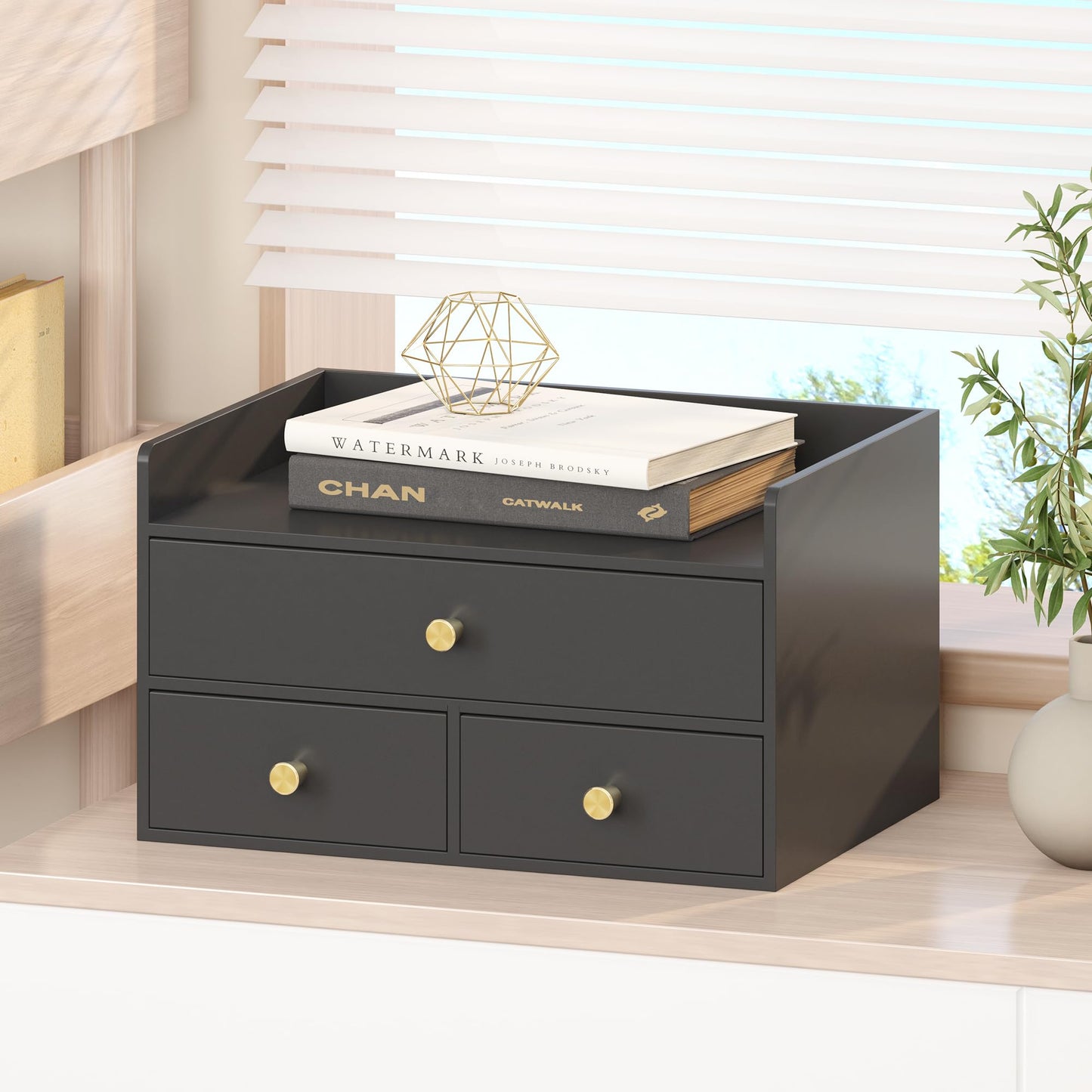 Xadgve Bamboo Desk Organizer - Stackable, No Assembly Required, Ideal for Office/Home Use - Perfect for Toiletries, Stationery, Accessories. (Black, Fence three Desk Organizer)