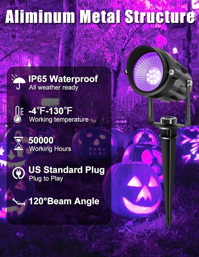 Halloween Outdoor Black Light Spotlight, LED Black Lights Waterproof Landscape Lights with US Plug for Glow Party Body Paint Fluorescent Poster Stage Lighting Yard Garden Decoration(6 Pack)