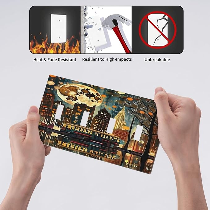 City Light Moon Bus Abstract Art Light Switch Covers Quad Toggle 4 Gang Wall Plate Decorative Switchplate Electrical Faceplate for Farmhouse Bathroom Living Decor