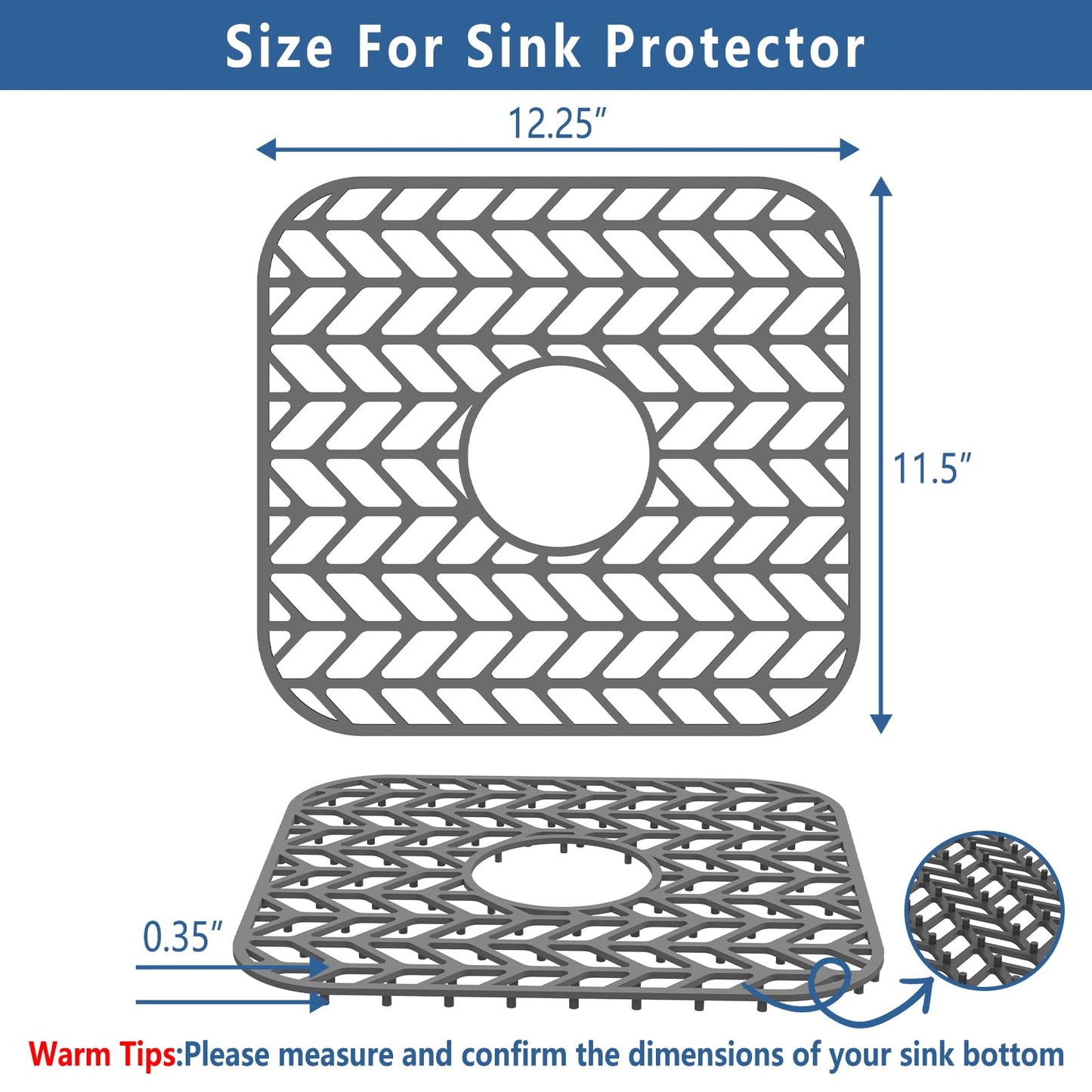 AWOKE Silicone Sink Protectors for Kitchen Sink, 12" x 11" Mat for bottom of sink, Center Drain Hole, Protect from Stains, Scratches, Dishwasher Safe Grid for Kitchen (2 Pack, Gray)