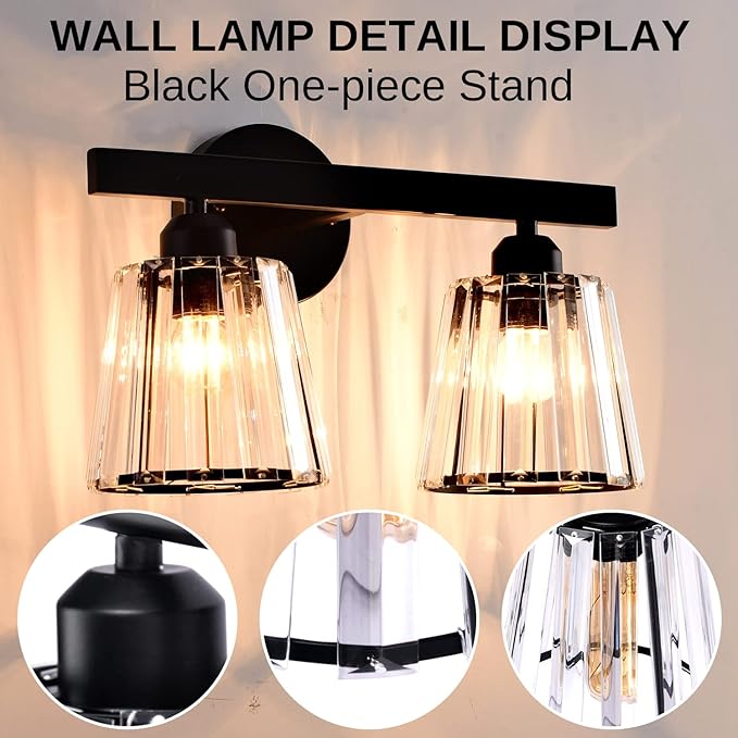 TISLYCO 2 Lights Sconces Wall Decor, Modern Vanity Light Fixture Over Mirror, Black Crystal Wall Sconce for Hallway Entryway Restroom, 2 Lights Bathroom sconces