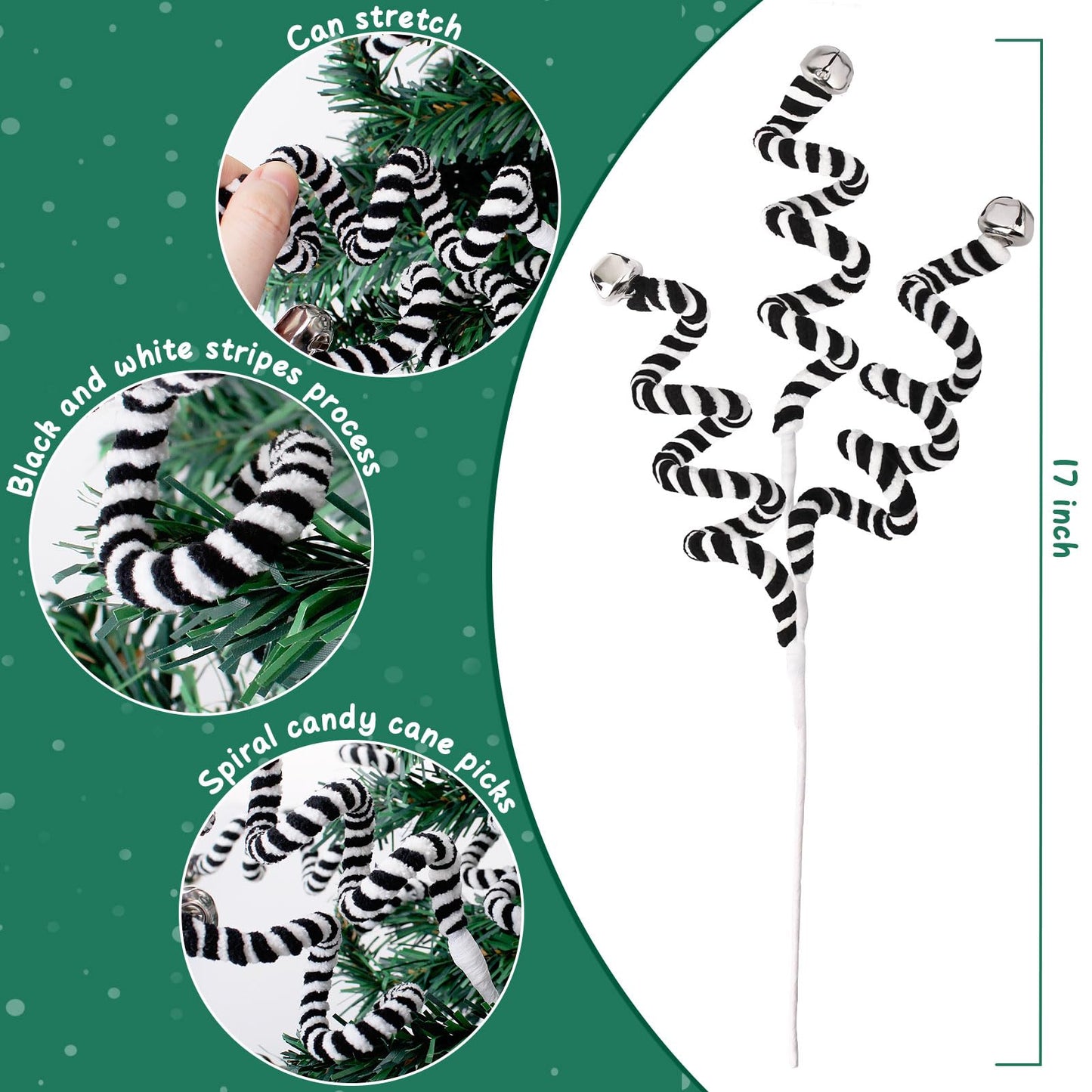 RINOLY 6 Pcs Christmas Tree Topper,17 in Black and White Candy Cane Christmas Decorations,Woolen Bells Curly Christmas Tree Picks Xmas Ornaments for Tree Decors Vase Filler Garland