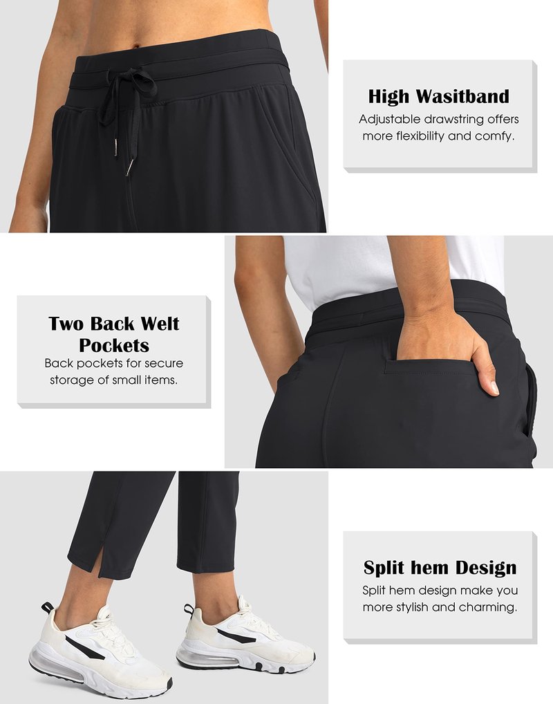 Soothfeel Women's Pants with 4 Pockets 7/8 Stretch High Waisted Sweatpants Travel Athletic Work Golf Pants for Women(Black, X-Large)