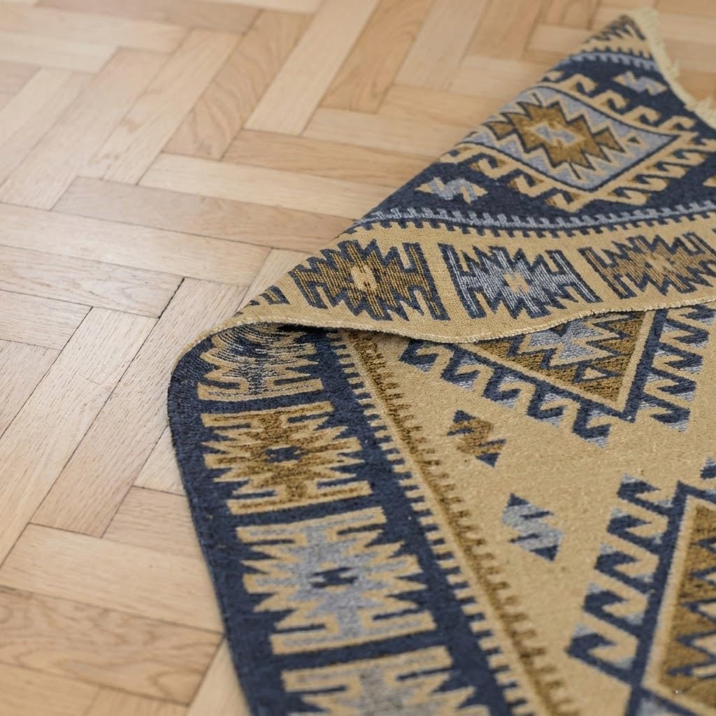 Turkish Kilim Rug, Vintage Bohemian Geometric Pattern, Blue and Beige, Reversible, Washable – Area Rug for Living Room, Hallway or Entryway, 2' x 4'1"