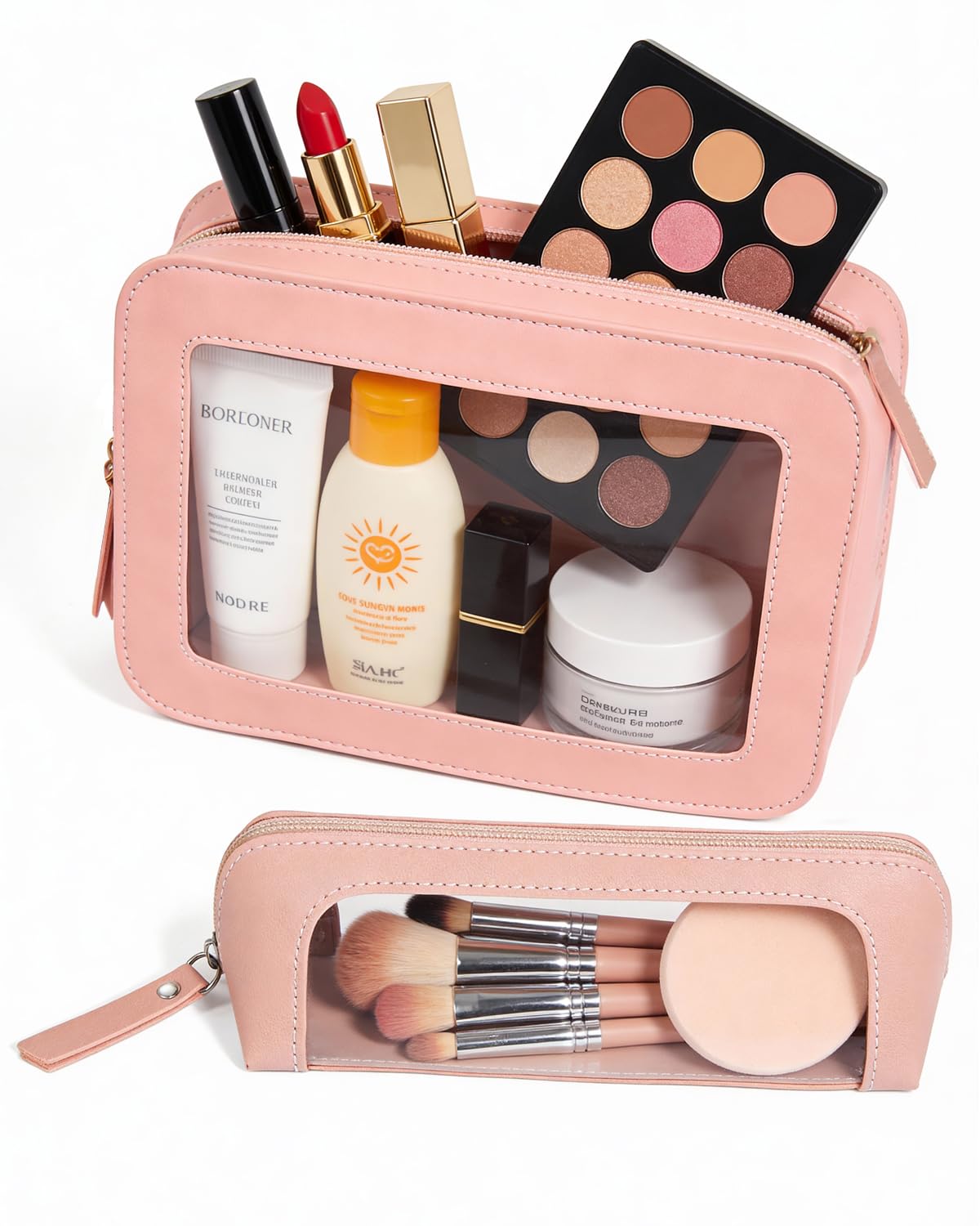 LETGO 2Pack Clear Makeup Bags Set, Small Clear Makeup Bag, PU Leather Travel Makeup Brush Case Portable Transparent Waterproof Cosmetic Organizer Pouch with Zipper for Women(2Pack-White Set)