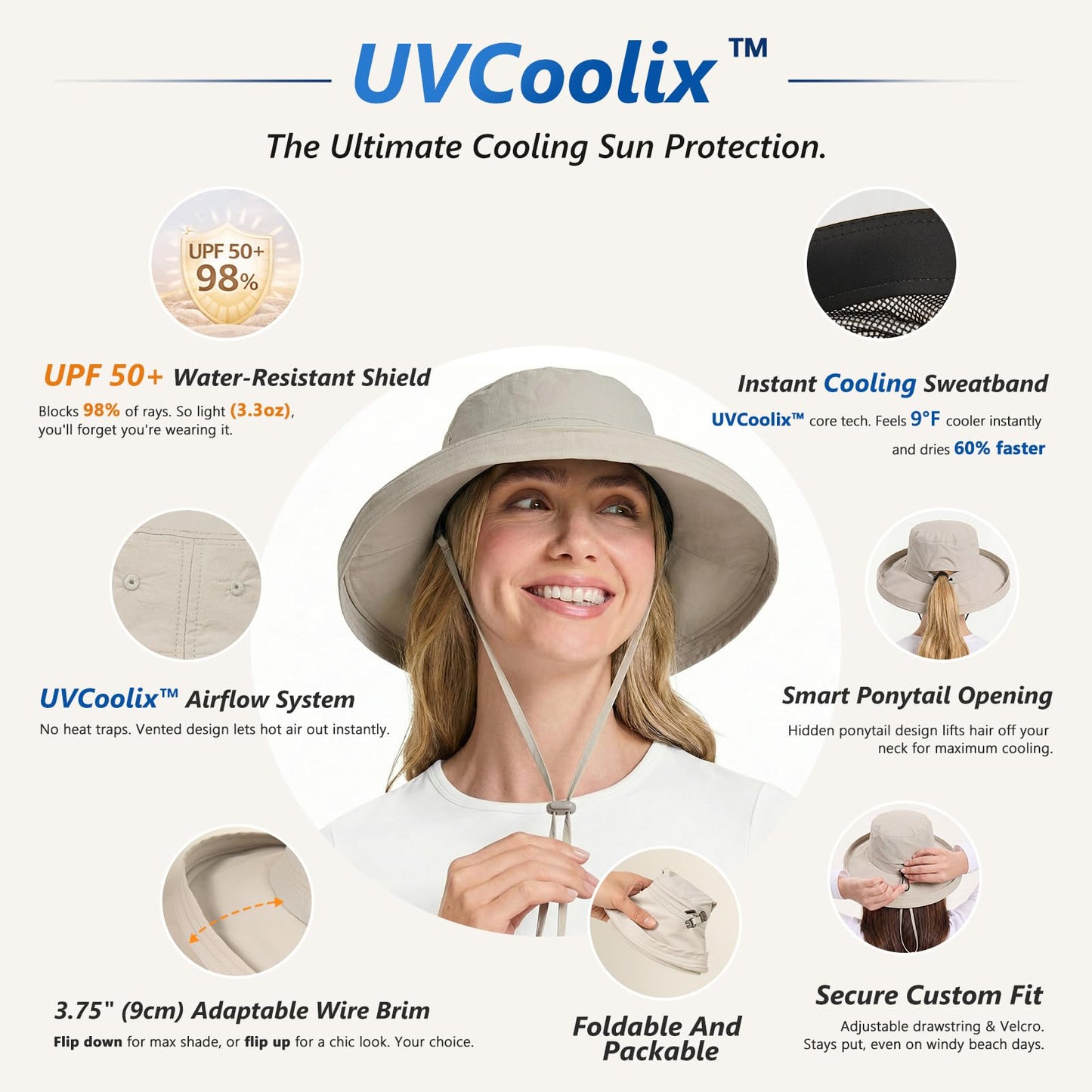 TOP-EX UVCoolix™ Cooling Sun Hat Women Ponytail Hole UPF 50+ Wide Brim Water Resistant Breathable Packable Hiking Beach (US, Alpha, Small, Medium, Green)