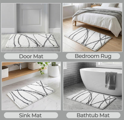 Tititex Luxury White Grey Curve Line Bathroom Rug, 16x24 inch Classic Extra Soft and Absorbent Microfiber Bath Rugs, Non-Slip Plush Shaggy Bath Carpet, Bath Mat for Bathroom, Tub and Shower