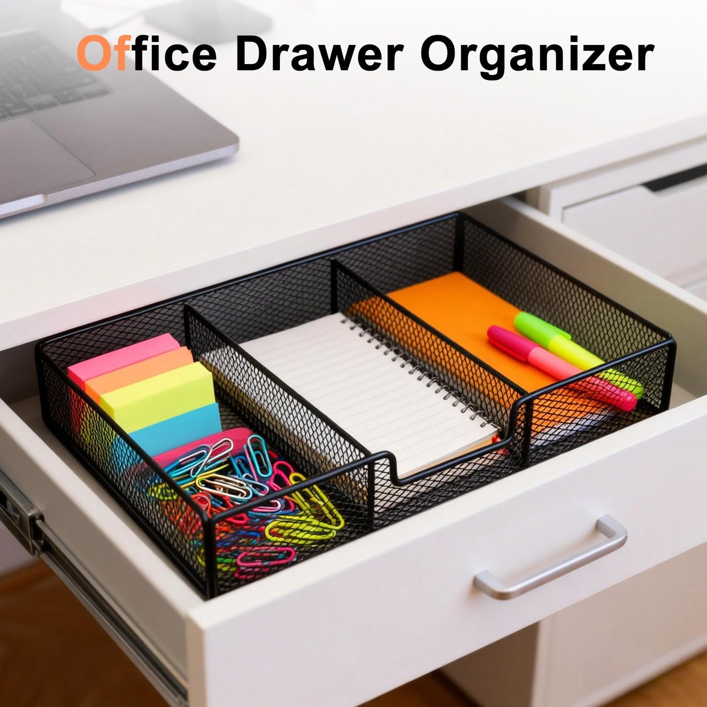 Desk Drawer Organizer Tray, Office Junk Drawer Organizer with 3 Compartments, Metal Mesh Dividers Pen Pencil Storage Box for Office Supplies Desk Accessories Workspace School Cosmetic Organization