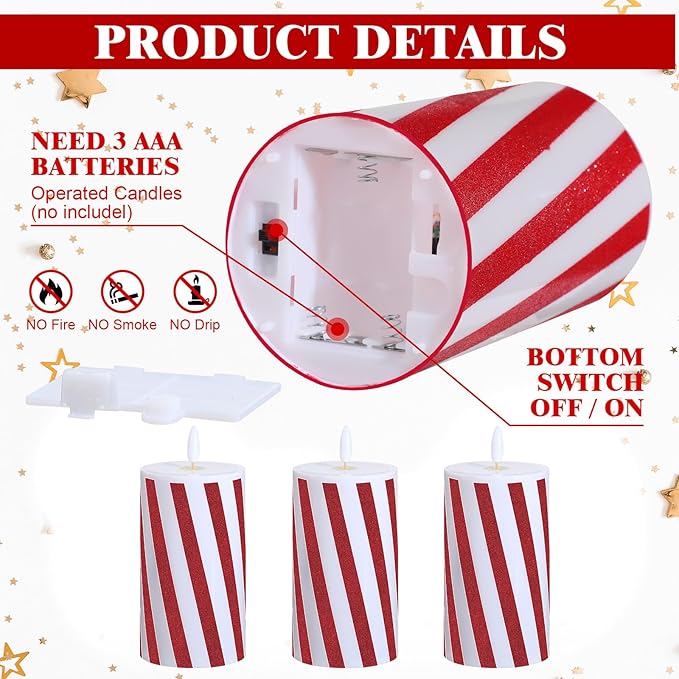 Baquler 3 Pcs Christmas Flameless Candles Candy Cane LED Pillar Candle with Glitter Stripe Red and White Battery Operated Candlestick for Xmas Party Holiday Centerpiece Home Decoration