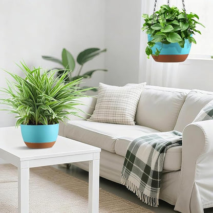 Set of 2 8 Inch Self Watering Hanging Planters for Indoor Outdoor Plants, Color Blocking Hanging Baskets Flower Pots with Drainage Hole & Removable Water-Storage Tray and 20" Chain Hanger