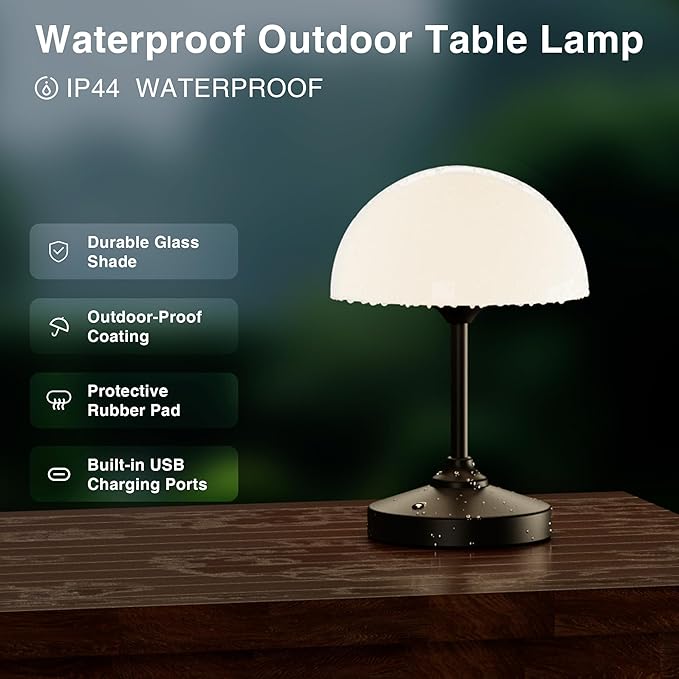 Mushroom Lamp Cordless Lamp Table Lamp,Outdoor Waterproof Shower Lamps,5000mAh Rechargeble Battery Operated Dimmable Touch Desk Lamps,LED Night Light for Bathroom Patio Camping Outdoor(Black)