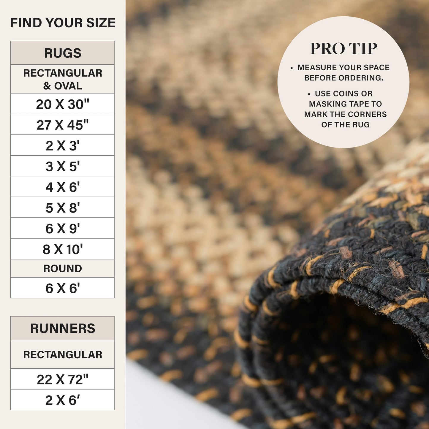 Kilimanjaro Jute Braided Rug 27x45 Black & Tan – Country Primitive Braided Rugs for Entryway, Kitchen & Bedroom – Durable, Reversible & No-Shed Braided Kitchen Rugs