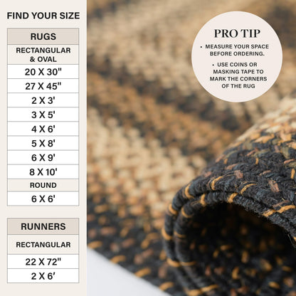 Kilimanjaro Jute Braided Rug 27x45 Black & Tan – Country Primitive Braided Rugs for Entryway, Kitchen & Bedroom – Durable, Reversible & No-Shed Braided Kitchen Rugs