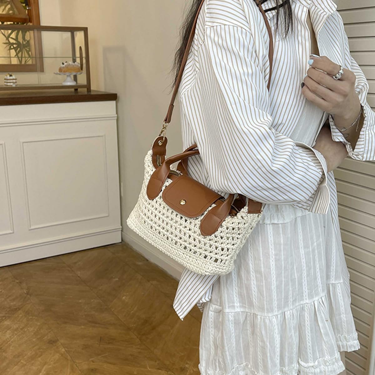 Crochet Crossbody Bags for Women Summer Beach Handbag Small Woven Tote Purse with Leather Top Handle White