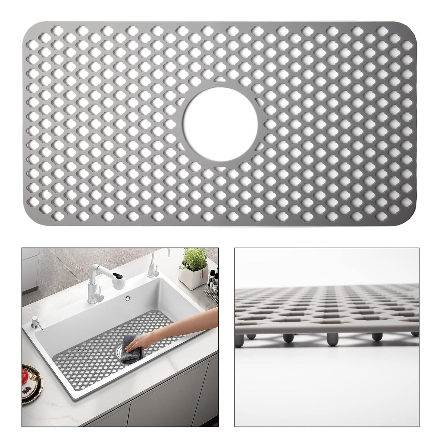 TwinnekYR Silicone Sink Mat, 24.6''x 12.9'' Kitchen Sink Protector Grid for Bottom of Center Drain Sink, Gray Non-slip Heat Resistant Liner for Farmhouse Stainless Steel Porcelain Sink