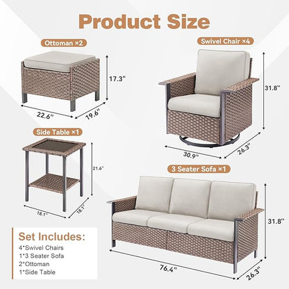 Outdoor Patio Furniture Set-8 Pieces All-Weather Wicker 3 Seater Sofa with Swivel Rocker Patio Chairs Set of 4, Wicker Outdoor Conversation Sets for Porch Deck Backyard Brown/Beige