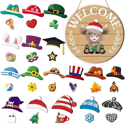 35 Pcs Christmas Interchangeable Highland Cow Welcome Sign Highland Cow Seasonal Wooden Hanging Door Decor Thanksgiving Farmhouse Hanging Sign for Front Door Xmas Party Decoration Gift(Brown)