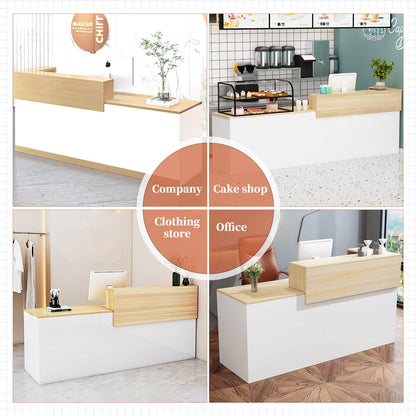 Modern Reception Desk with Drawer & Open Shelves, 39-95 Inch Front Counter Table, Computer Workstation Suitable for Salons, Offices, Lobbies, Retail Stores and Home Offices