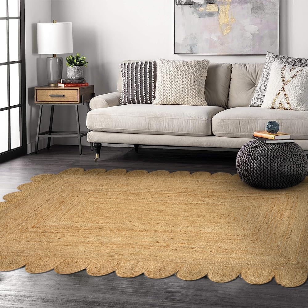 GRUHUM Scalloped Jute Area Rugs 6x9ft Rectangular Natural Fiber Handwoven Soft Braided Rustic Vintage EcoFriendly Rug- Farmhouse Indoor EcoFriendly Livingroom Bedroom Kitchen Hallways 6'x9' Ft