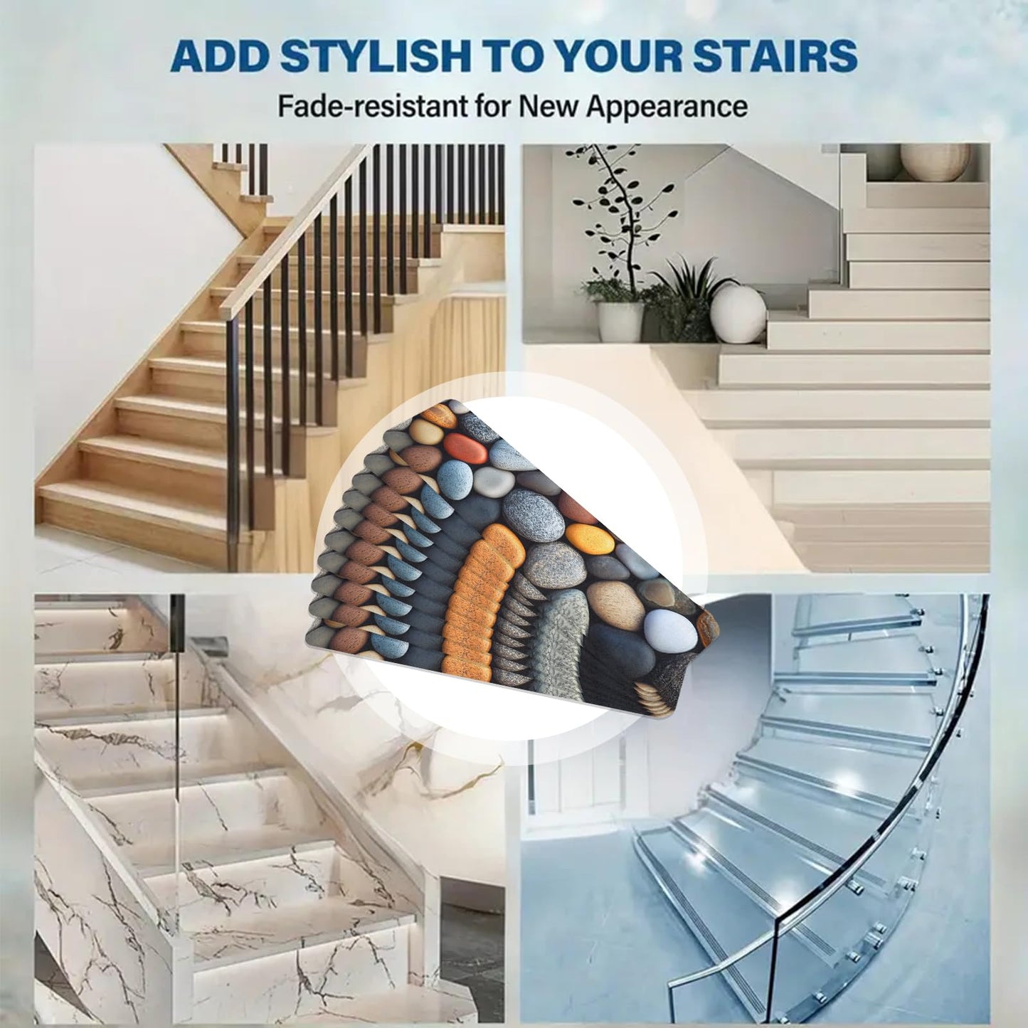 15 Pack Non-Slip Stair Treads for Wooden Steps, 8" x 30" Self-Adhesive Indoor Carpet Stair Runners, Washable Safety Stair Mats with 3D Pebble Stone Print, Anti-Skid Rugs (Pebble Stone 1)
