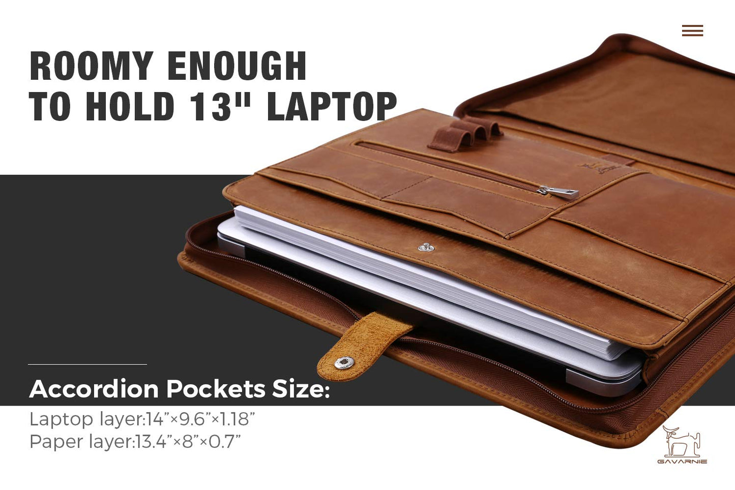 Gavarnie Genuine Leather Business Portfolio Padfolio Folder with Zipper for Men, Men's Leather Padfolio Folder for 13" Laptop, Business Portfolio for Letter Size Notepad, Graduation Gift，Brown
