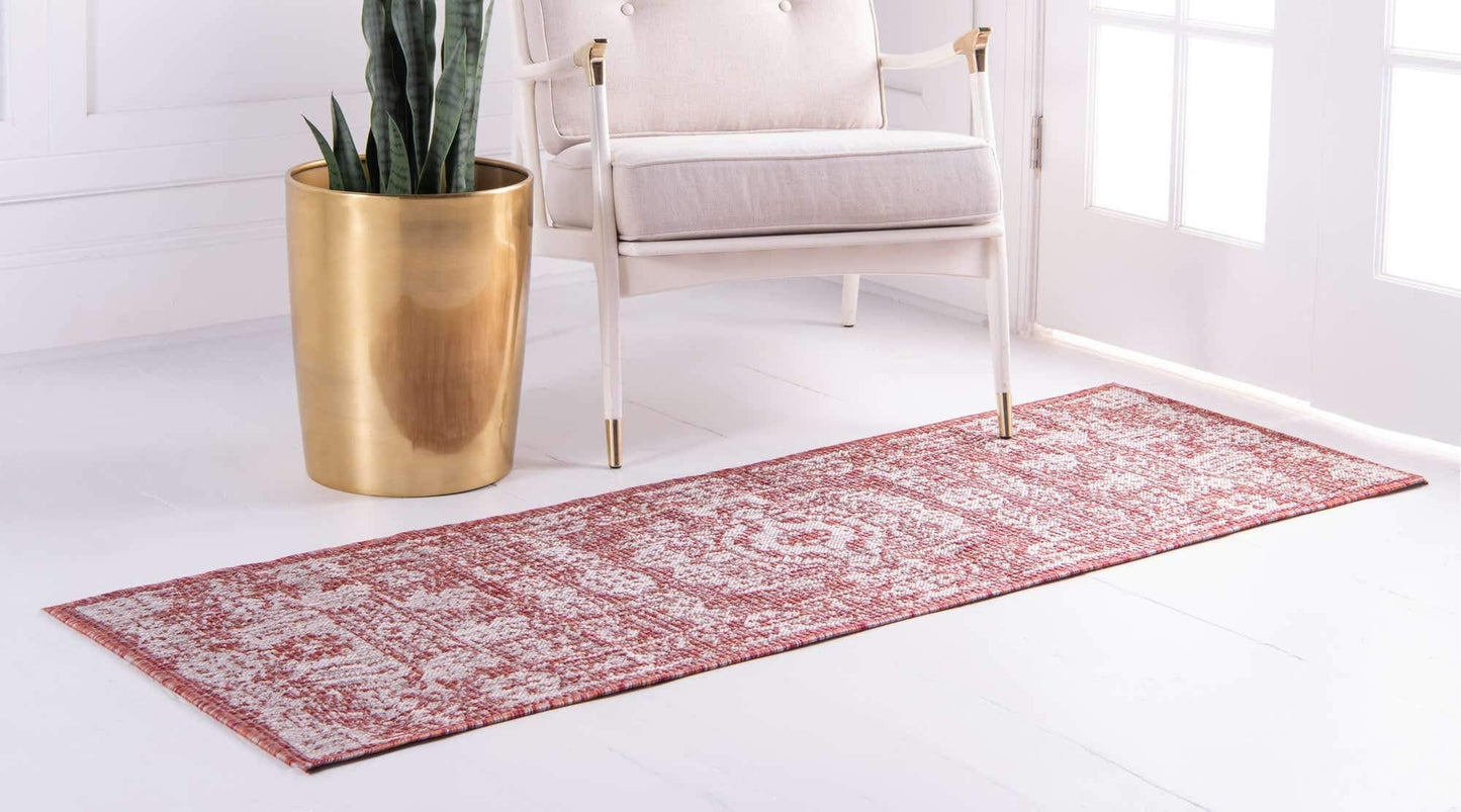 Unique Loom Outdoor Traditional Collection Area Rug - Timeworn (2' x 6' 1" Runner, Rust Red/ Gray)