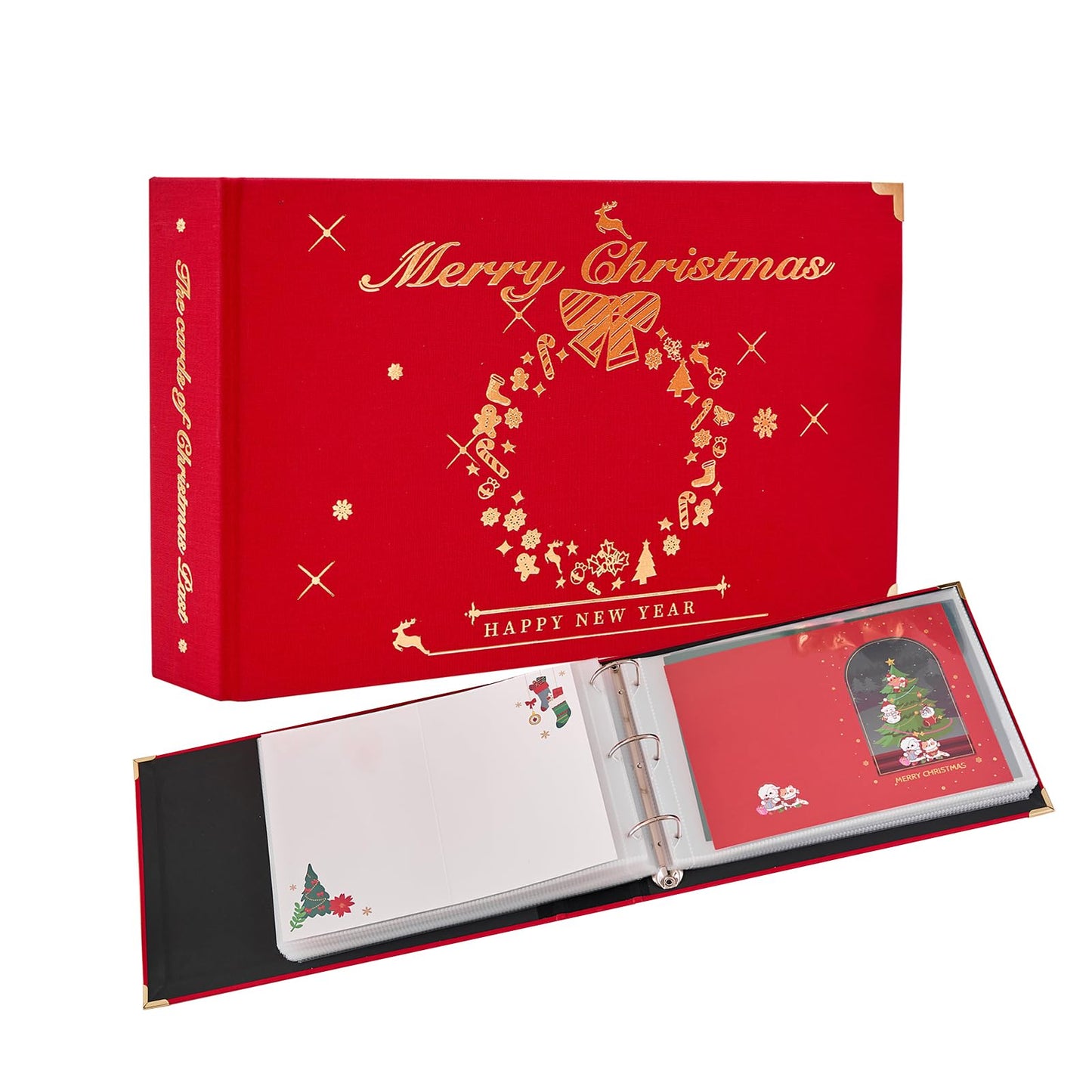 MANWU Christmas cards organizer binder album, greeting cards display organization Storage Holder, Cardkeeper special cards leather book, holds 100 cards (Golden)