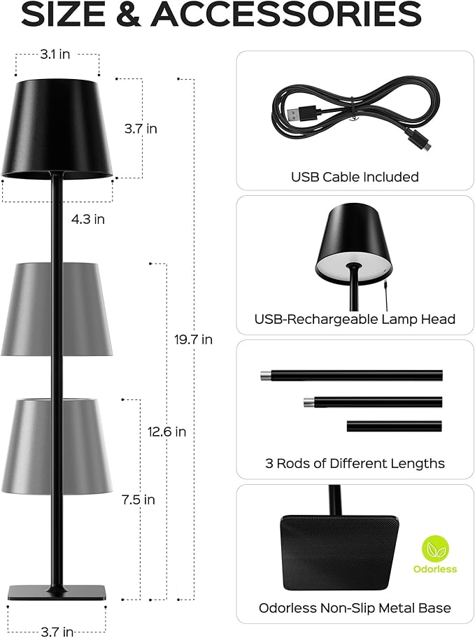 JACKYLED Cordless Lamp DIY Height, 3 Color Stepless Dimming, 5000mAh Battery Operated Lamp Portable Rechargeable for Bedroom Dinning Kitchen Metal Black, 2 Pack