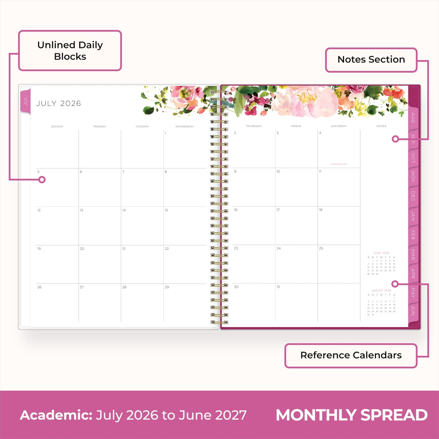 Blue Sky Kelly Ventura 2026-2027 Weekly and Monthly Academic Year Teacher Lesson Planner Calendar, July 2026 - June 2027, 8.5" x 11", Flexible Cover, Wirebound, Laminated Tabs, Storage Pocket, Magnetic & Snap In Book Marks, Includes Stickers, Summertime B
