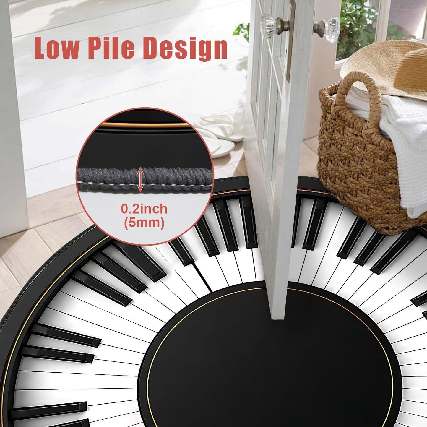 Round Area Rug 4ft – Piano Keyboard Round Rug, Washable Circular Floor Carpet for Living Room, Bedroom, Music Room, Studio, Non Slip Decorative Piano Key Rug