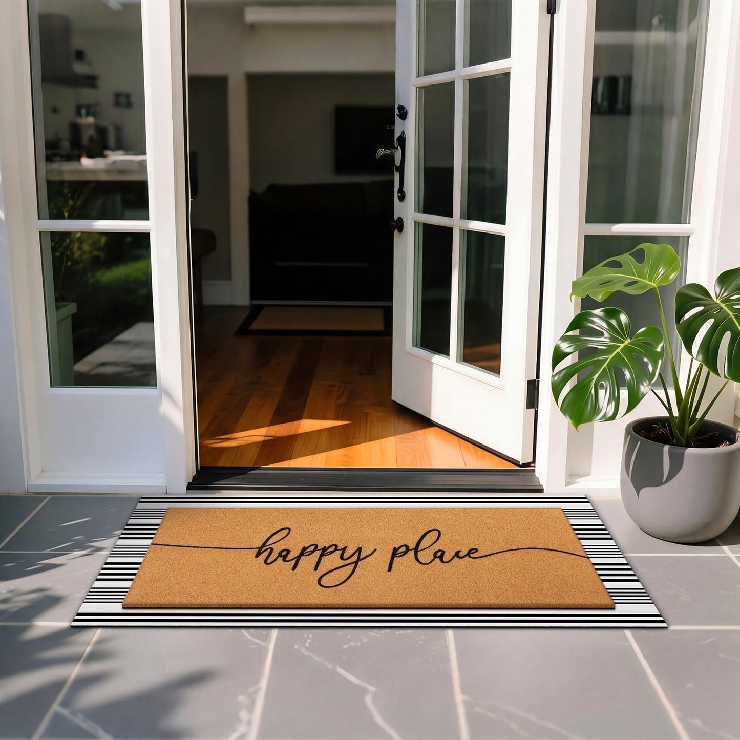 Tinideya 2 Pcs Summer Door Mat 17"x47" Happy Place Welcome Non Slip Coir Mats Large Floor Layering Black White Stripes Doormats Seasonal for Front Porch Entryway Decor