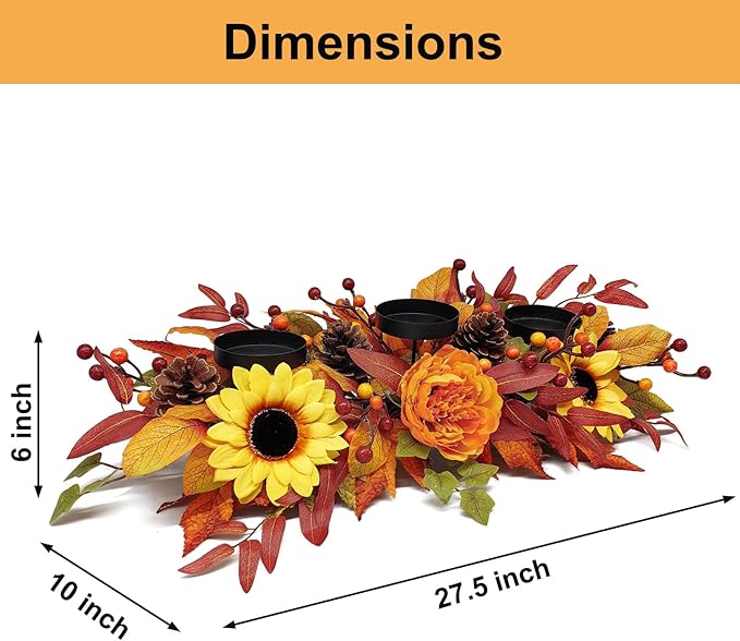 Fall Centerpiece Table Decorations, 27.5'' L Assorted Artificial Peony, Sunflowers, Berries, Autumn Leaves, Pine Cones, Harvest Table Candle Holder for Dinning Table, Fireplace (Candle Not Included)