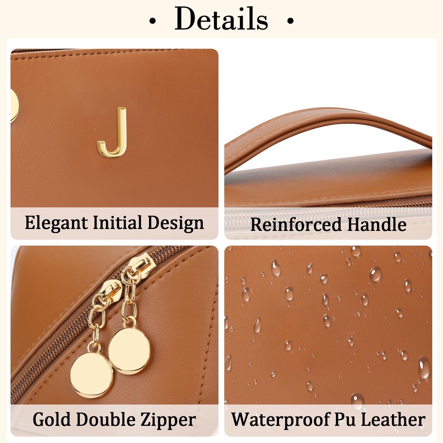 CLOUDWINGS Initial Makeup Bag Gifts for Women Bridesmaid Gifts Travel Toiletry Personalized PU Leather Waterproof Cosmetic Bag (Large-Brown-J)