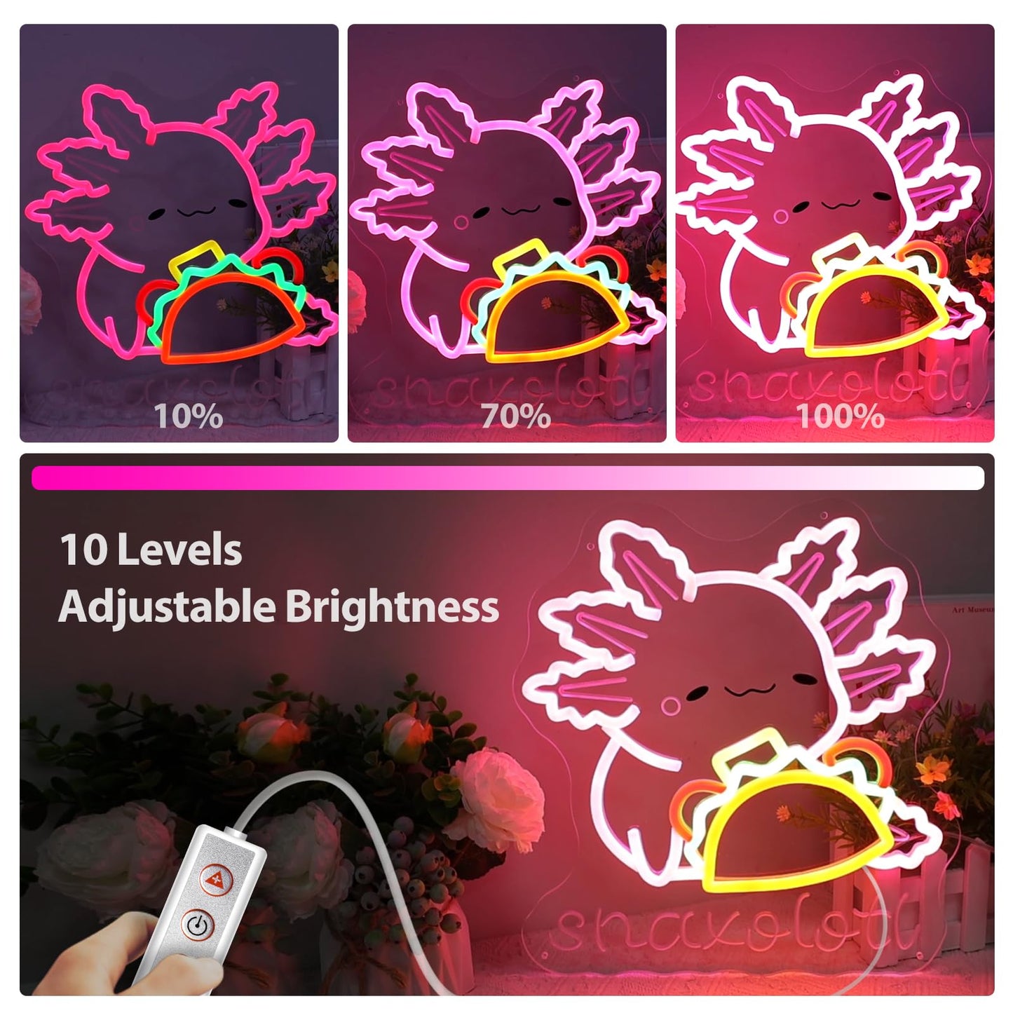 Snaxolotl Neon Sign, Dimmable Taco Axolotl LED Neon Light for Mexican Food pizzeria Restaurant Taco Bar Party Decor, for Girl’s Bedroom, Gift for Kids, Teens, and Axolotl Lovers