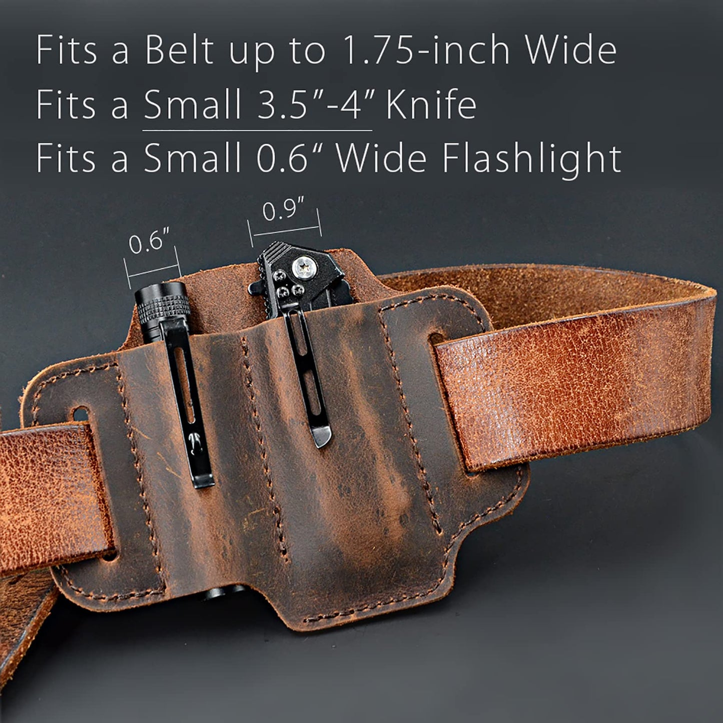 EDC Leather Knife Belt Sheath Tool Pouch, Small Tools Organizer, Fit Most 3.5" -4" Victorinox Knives, Fit 0.6" Wide Flashlights, EDC Holster, EDC Gear Carrier, Premium Leather. Chestnut.