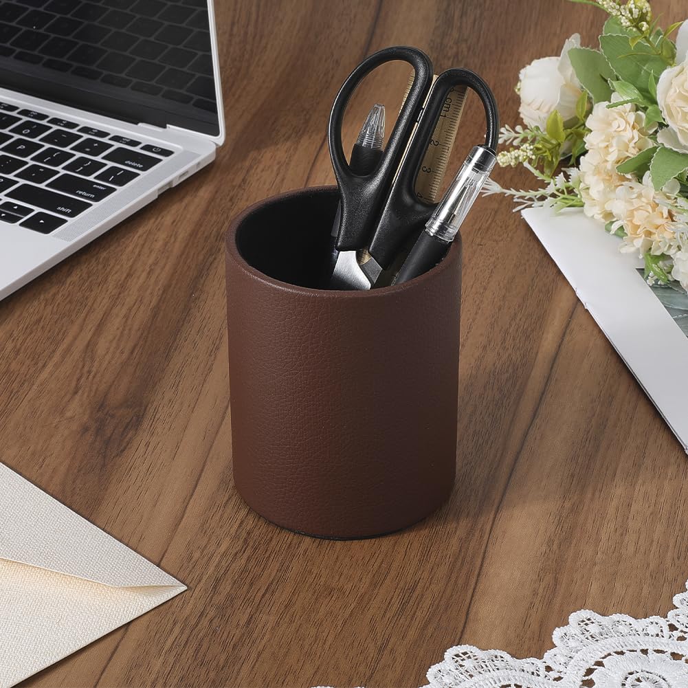 CALFOVERA PU Leather Round Pencil Cup Holder for Desk Multifunctional Stationery Container Luxury Brown Leather Pens Glitter Bling Makeup Brush Stroage Box Case Desktop Organizer for Office