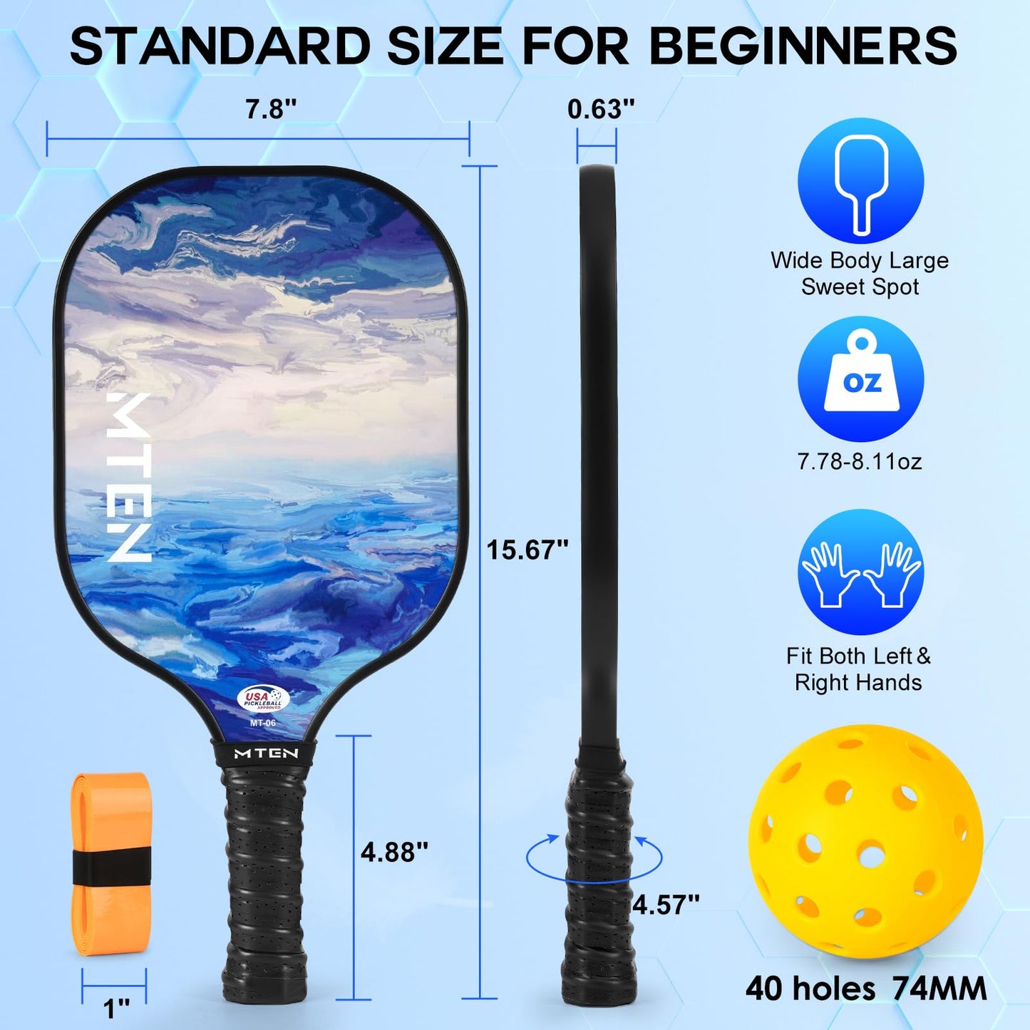 MTEN Pickleball Paddles, Pickleball Paddles Set of 2, USAPA Approved, 2 Paddles with 4 Outdoor Balls, 2 Grip Tapes, 1 Portable Carry Bag, Pickle Ball Set for Beginner