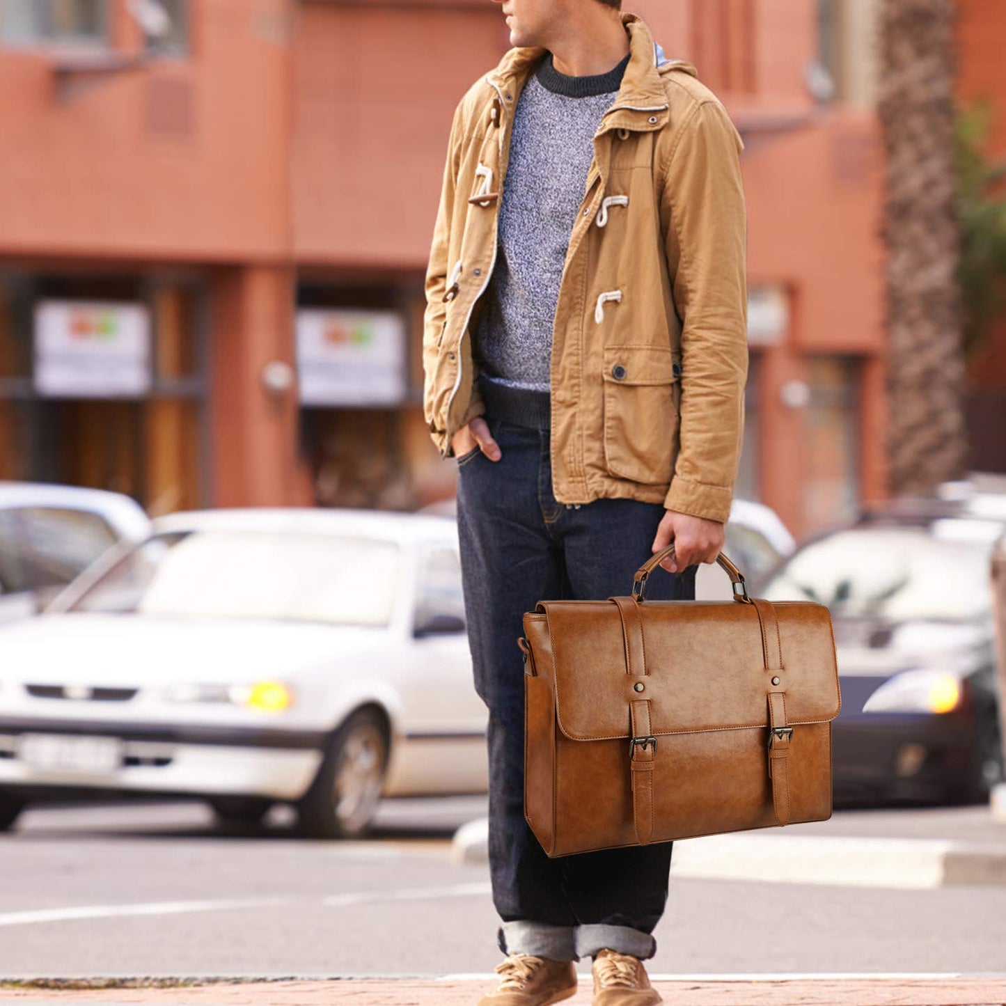 Mens Messenger Bag Vintage 15.6 Inch Waterproof Leather Laptop Briefcase Large Satchel Shoulder Bag Retro Office College Computer Bag, Brown（without Leather Padfolio）