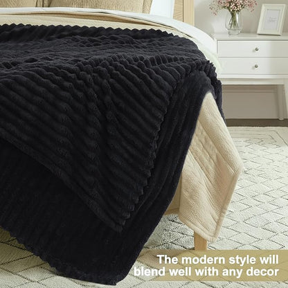 decorUhome Soft Fleece Black Twin Blanket for Bed, Cozy Fluffy Plush Flannel Striped Throws for Couch Sofa, Lightweight Decorative Ribbed Fuzzy Blanket for Woman, 60x80 Inches