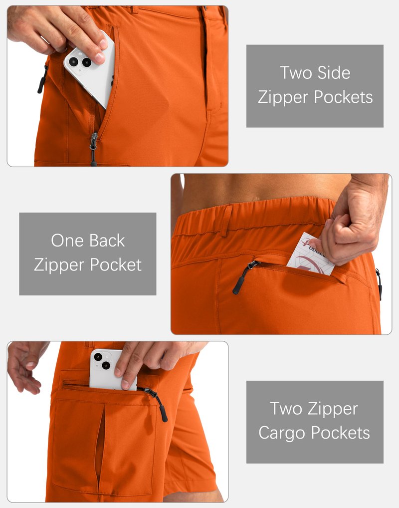 Pudolla Men's Hiking Cargo Shorts 9" Lightweight Outdoor Work Shorts for Men Travel Golf Camping Casual with 5 Zipper Pockets(Orange XX-Large)